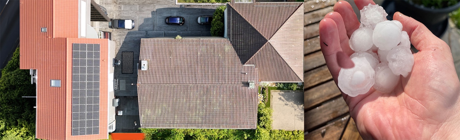 Dächer mit Solaranlage aus der Vogelperspektive — daneben Hagelkörner in einer Hand