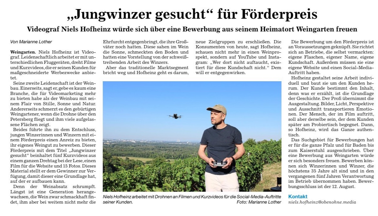 BNN-Artikel: „Jungwinzer gesucht" für Förderpreis — Videograf Niels Hofheinz